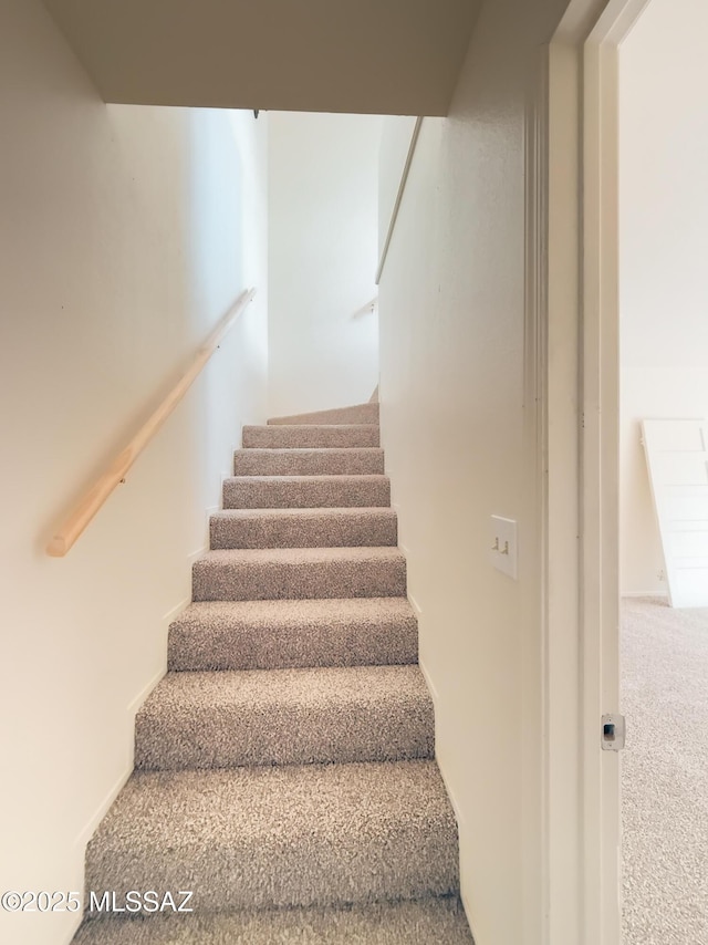 staircase featuring carpet flooring