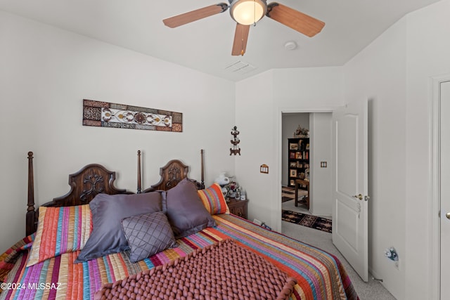 bedroom featuring ceiling fan, carpet flooring, and visible vents