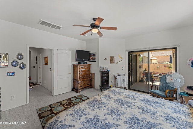 bedroom with access to exterior, a ceiling fan, visible vents, and light colored carpet