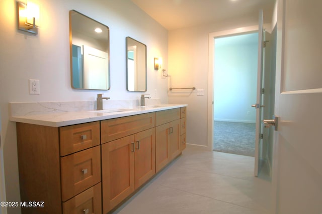 14821 E Diamond F Rnch Pl, Vail, AZ 85641 - bathroom featuring double vanity, a sink, tile patterned floors, baseboards, and recessed lighting