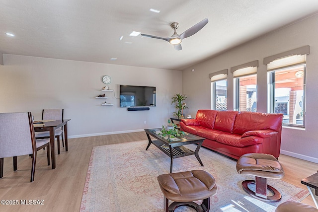 living room with ceiling fan and light hardwood / wood-style flooring