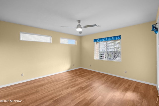 empty room with ceiling fan and light hardwood / wood-style flooring