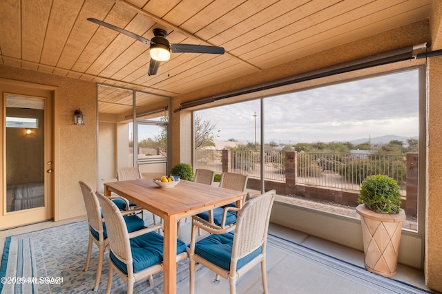 sunroom / solarium featuring wooden ceiling and ceiling fan