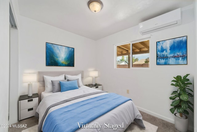 carpeted bedroom featuring an AC wall unit