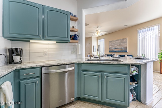 kitchen featuring kitchen peninsula, decorative backsplash, stainless steel dishwasher, ceiling fan, and sink