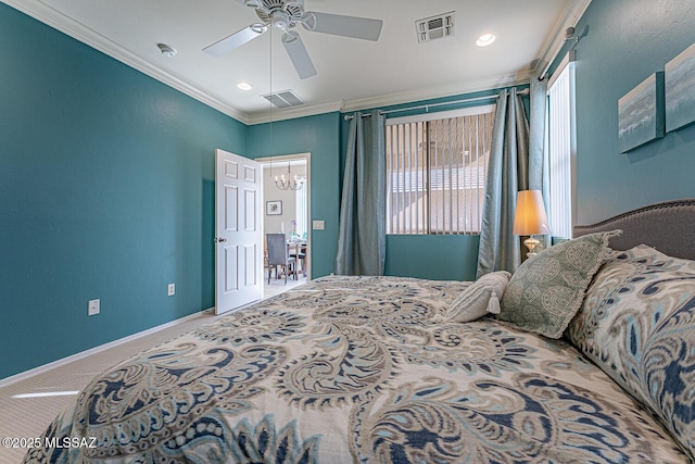 bedroom featuring carpet flooring, crown molding, and ceiling fan with notable chandelier