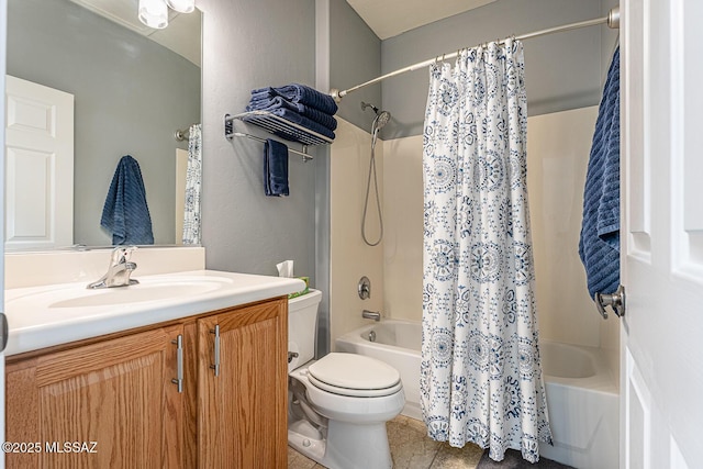 full bathroom featuring tile patterned flooring, vanity, toilet, and shower / bath combo with shower curtain