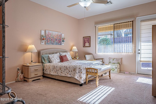 bedroom with light colored carpet and ceiling fan