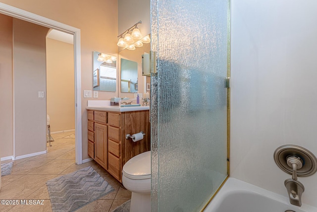 full bathroom featuring tile patterned flooring, vanity, toilet, and plus walk in shower