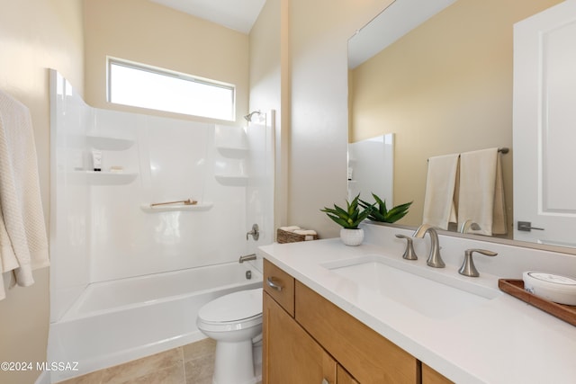 full bathroom featuring shower / tub combination, tile patterned flooring, vanity, and toilet