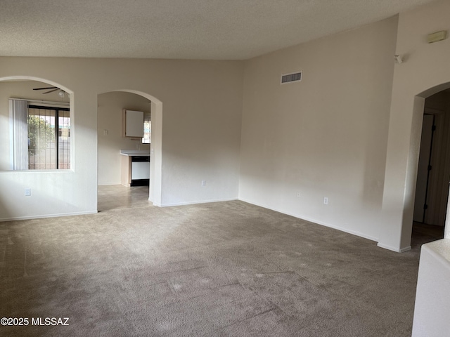 spare room featuring ceiling fan, carpet floors, and a textured ceiling