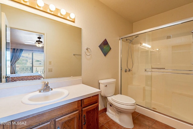 bathroom with an enclosed shower, tile patterned flooring, toilet, and ceiling fan