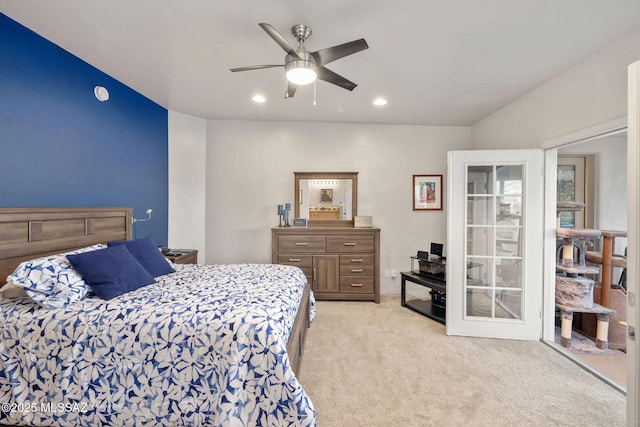 bedroom featuring recessed lighting, light colored carpet, and a ceiling fan