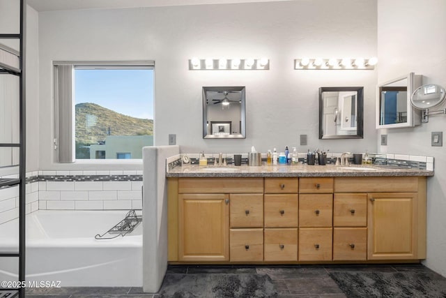 bathroom with a sink, a garden tub, and double vanity