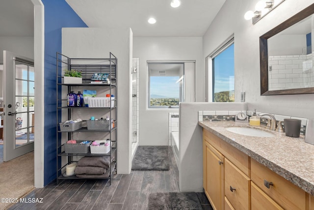 bathroom featuring vanity and wood tiled floor