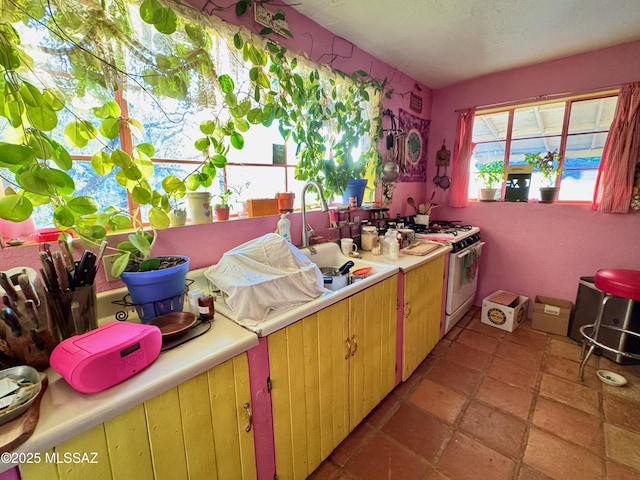 kitchen featuring white gas range and sink