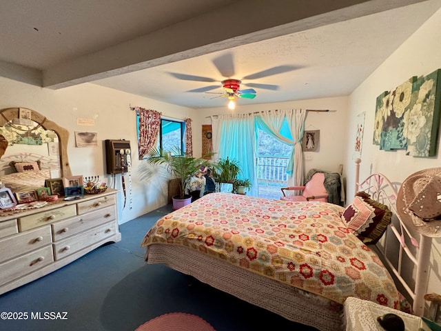 bedroom with ceiling fan, dark carpet, and beam ceiling