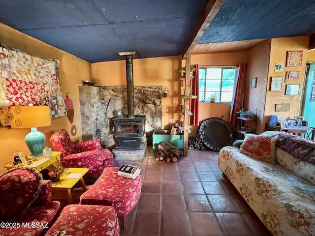 interior space featuring a wood stove