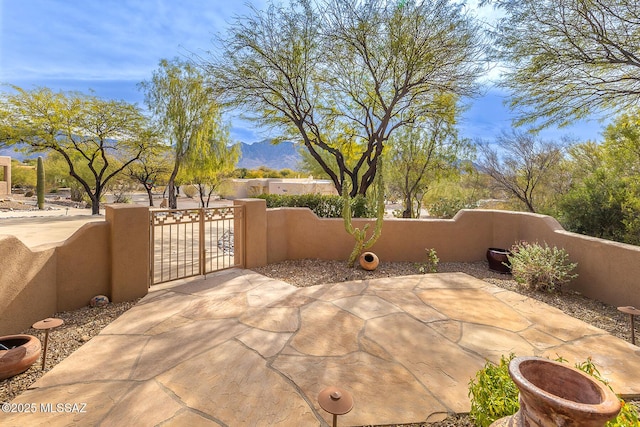 view of patio / terrace with a mountain view