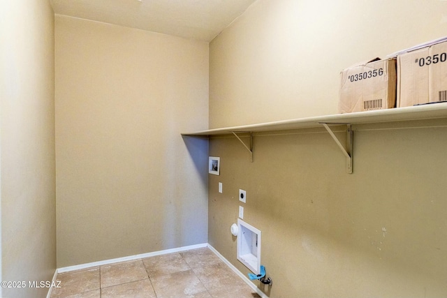 laundry room with light tile patterned floors, hookup for a washing machine, heating unit, and electric dryer hookup