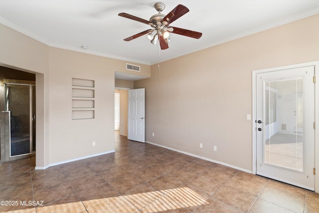 unfurnished room featuring tile patterned floors, built in features, ceiling fan, and ornamental molding