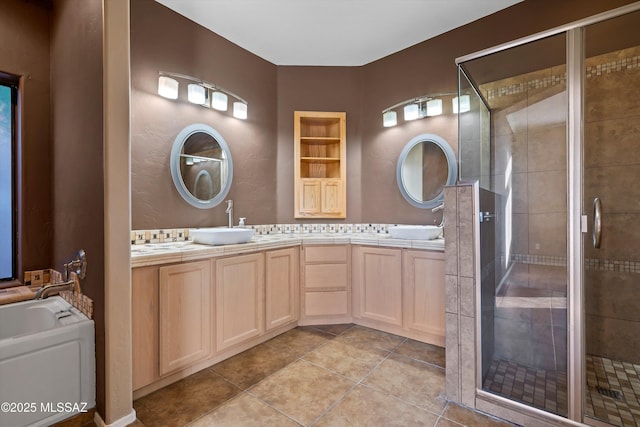 bathroom with shower with separate bathtub, vanity, and tasteful backsplash