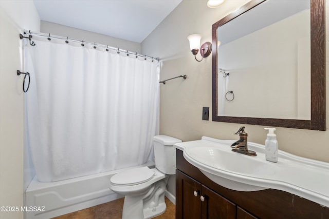 full bathroom with tile patterned flooring, vanity, toilet, and shower / tub combo with curtain