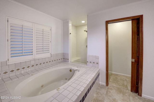 bathroom featuring shower with separate bathtub and ornamental molding