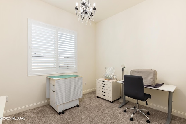 carpeted office space with a chandelier