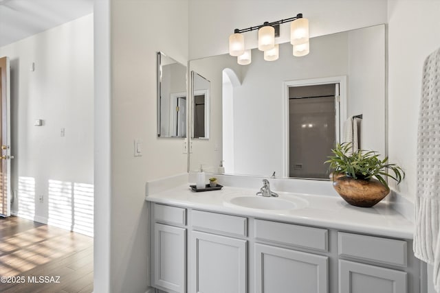 bathroom featuring vanity and wood-type flooring