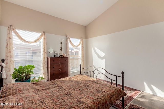 bedroom featuring vaulted ceiling and multiple windows