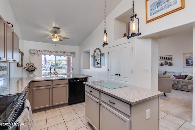 kitchen featuring pendant lighting, light tile patterned floors, ceiling fan, black dishwasher, and sink