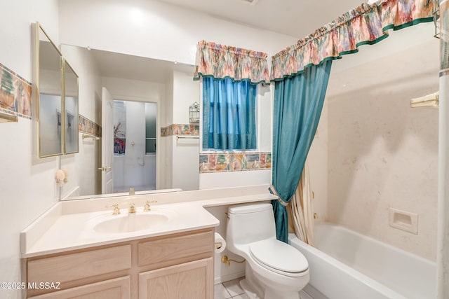 full bathroom with shower / bath combination with curtain, tile patterned floors, vanity, and toilet