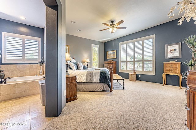 tiled bedroom with ceiling fan