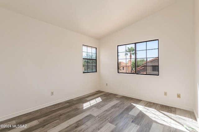 empty room featuring wood-type flooring and lofted ceiling