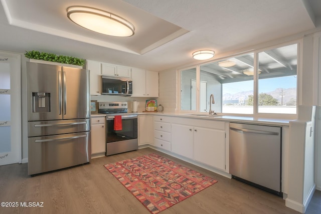 kitchen with a raised ceiling, light hardwood / wood-style floors, stainless steel appliances, sink, and white cabinetry