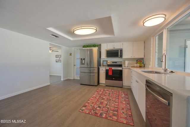 kitchen with sink, white cabinets, light wood-type flooring, a tray ceiling, and appliances with stainless steel finishes