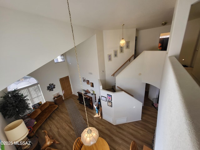 living room featuring dark hardwood / wood-style flooring and a towering ceiling