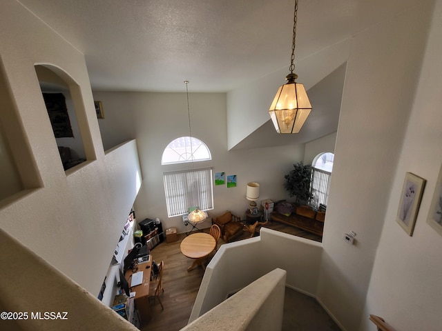 living room with a wealth of natural light, high vaulted ceiling, a textured ceiling, and hardwood / wood-style flooring