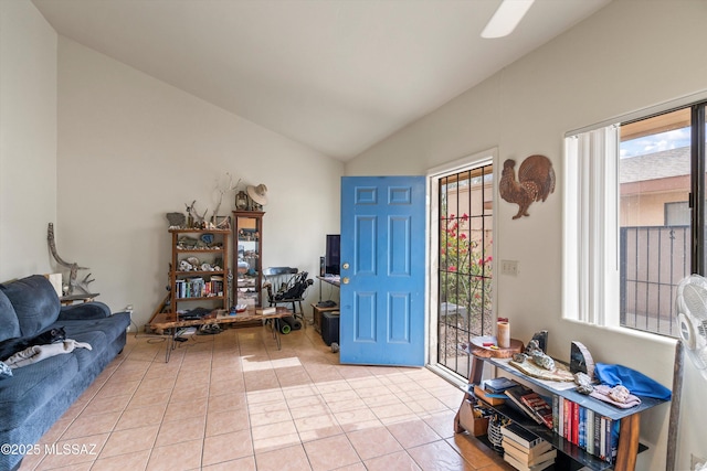 entrance foyer with lofted ceiling and light tile patterned flooring