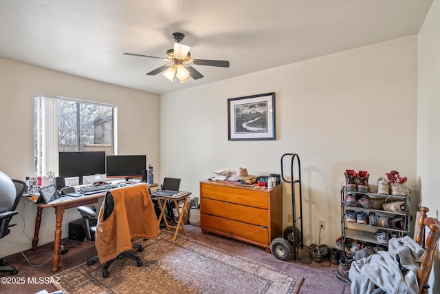 office with ceiling fan and dark carpet