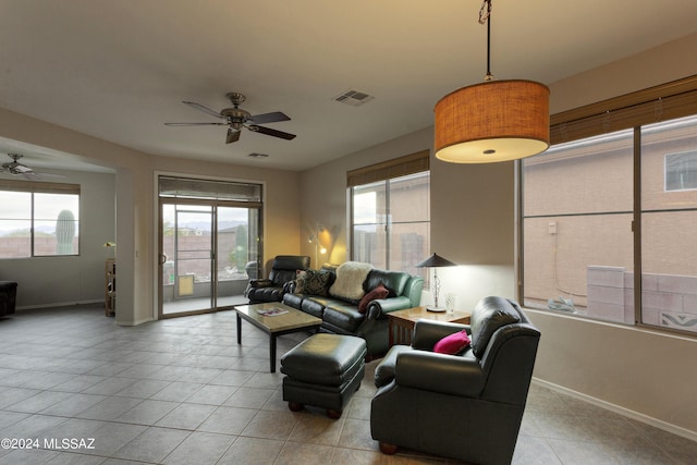 living room featuring ceiling fan