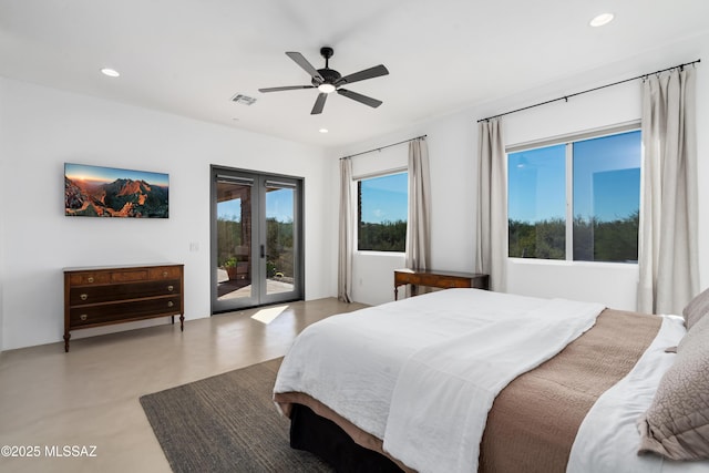 bedroom with access to exterior, recessed lighting, finished concrete floors, and a ceiling fan