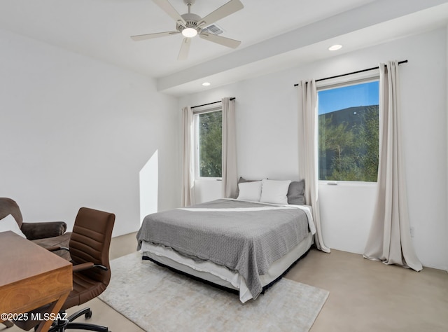 bedroom featuring recessed lighting, finished concrete floors, and ceiling fan