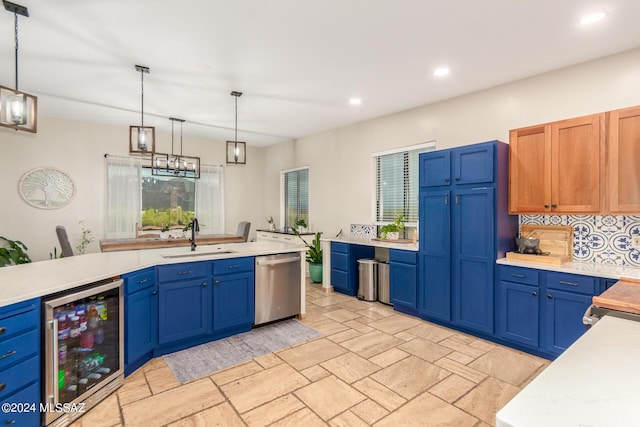 kitchen with dishwasher, sink, hanging light fixtures, beverage cooler, and blue cabinets