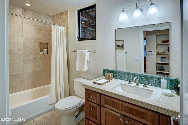 full bathroom with tile patterned flooring, backsplash, vanity, toilet, and shower / bath combo with shower curtain