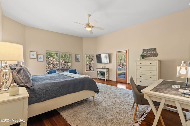 bedroom with access to outside, ceiling fan, and dark hardwood / wood-style floors