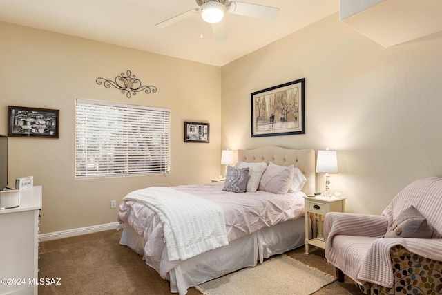 bedroom with baseboards, carpet floors, and ceiling fan