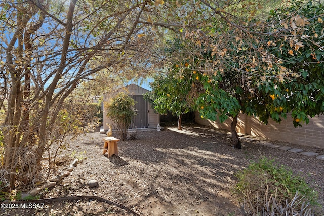 view of yard featuring a storage shed, an outbuilding, and fence