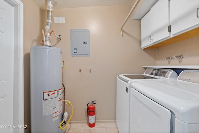 laundry area featuring cabinets, washer and clothes dryer, electric panel, and water heater